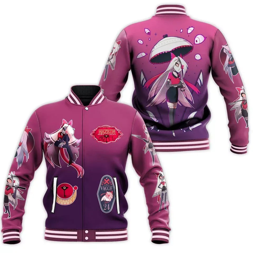 Anime Style Unisex Varsity Jacket - Vibrant Purple Design With Unique Graphics