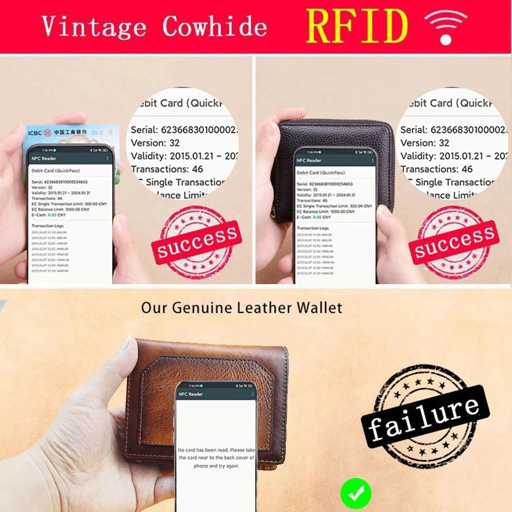 2024 Vintage Wallet for Men Card Holder Genuine Leather RFID Blocking Trifold Short Money Clip Large Capacity Zipper Coin Purse