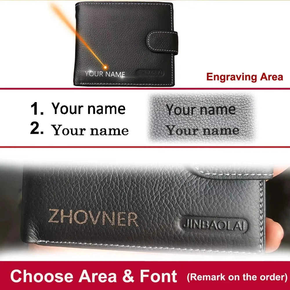 High-Quality Retro Men Wallets Name Engraving Genuine Leather Card Clips Zipper Male Coin Purses ID & Photo Holder for Men