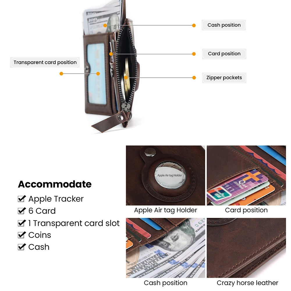 JOYIR Genuine Leather AirTag Wallet Mens Wallet with Money Clip Air Tag RFID Blocking Bifold Credit Card Holder Gifts for Men