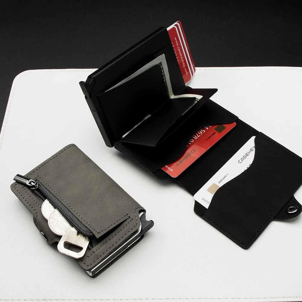 CASEKEY Men Card Holder Premium Leather Credit Card Wallet Small Bag Slim Minimalist Pop Up Cardholder Case with Coin Purse