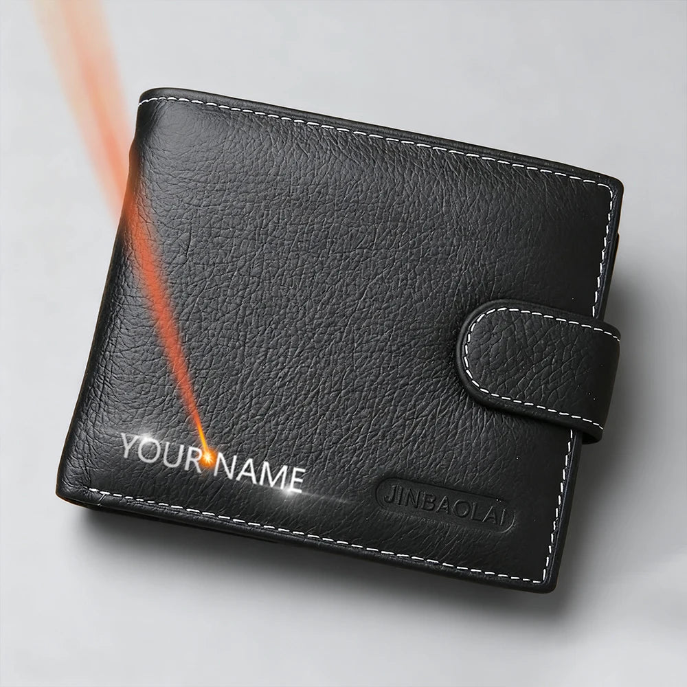 High-Quality Retro Men Wallets Name Engraving Genuine Leather Card Clips Zipper Male Coin Purses ID & Photo Holder for Men