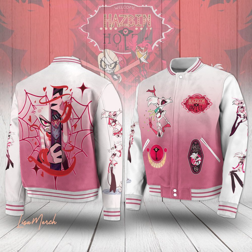 Stylish Hazbin Hotel Varsity Jacket – Unique Pink Graphic Design, Perfect For Fans!