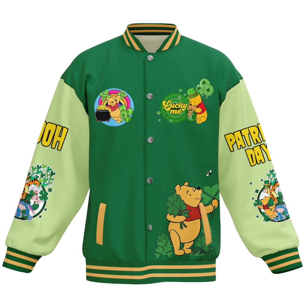 Celebrate St. Patrick'S Day In Style With Lucky Pooh Varsity Jacket – Perfect For Festive Shenanigans!