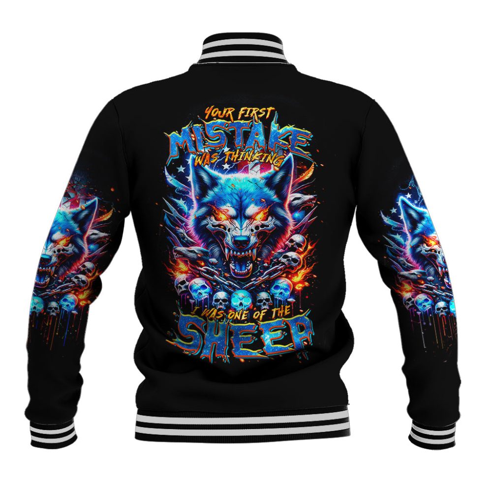 Wolf Skull Baseball Jacket Your First Mistake Was Thinking I Was One Of The Sheep Dt01